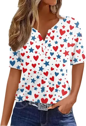 Ladies Tops And Blouses Short Sleeve Henley Summer Button Up Shirts V Neck Shirts Funny Tees Vacation Outfits