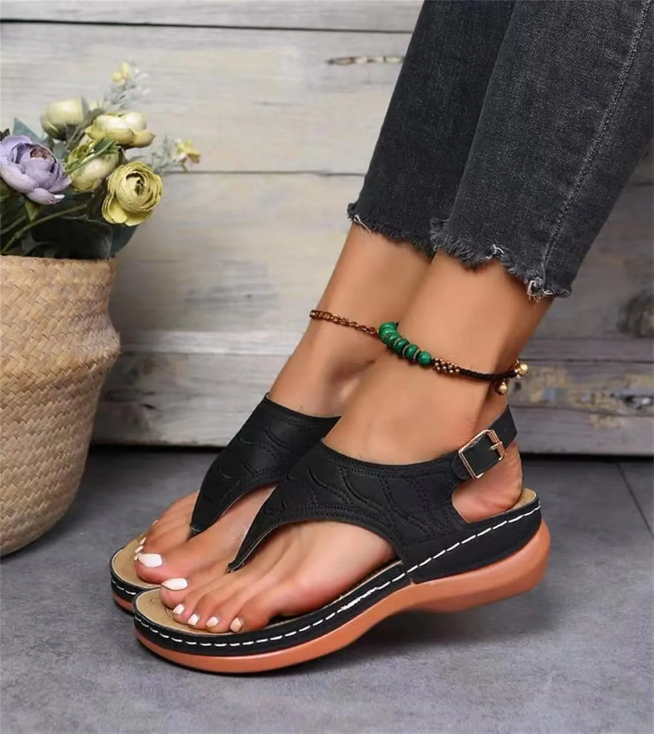 Ladmiple Sandals Women Wedge Low Heel Comfortable Orthopedic Sandals Dressy Casual Summer Slip On Walking Orthotic Flip Flops