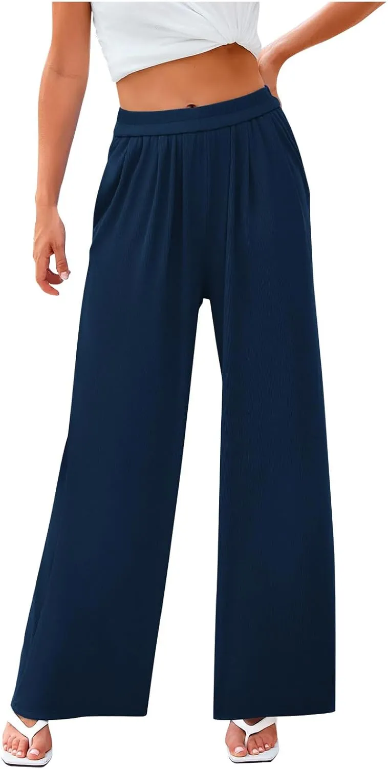 lcepcy High Waisted Wide Leg Pants for Women Pleated Elastic Waist Loose Palazzo Knit Trousers with Pockets Flowy Pants