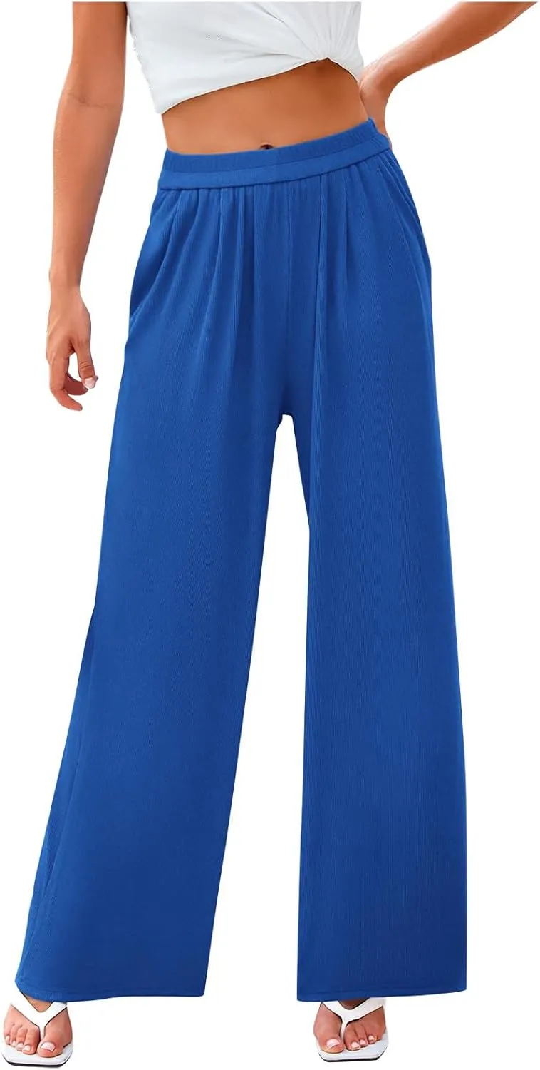 lcepcy High Waisted Wide Leg Pants for Women Pleated Elastic Waist Loose Palazzo Knit Trousers with Pockets Flowy Pants