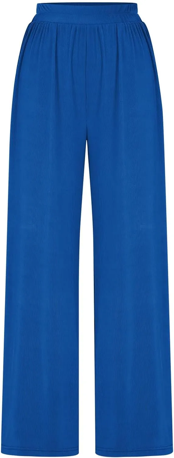 lcepcy High Waisted Wide Leg Pants for Women Pleated Elastic Waist Loose Palazzo Knit Trousers with Pockets Flowy Pants