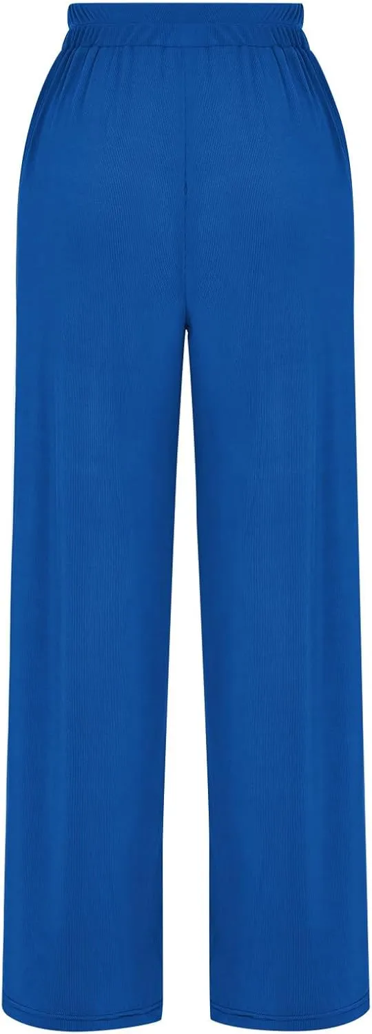 lcepcy High Waisted Wide Leg Pants for Women Pleated Elastic Waist Loose Palazzo Knit Trousers with Pockets Flowy Pants