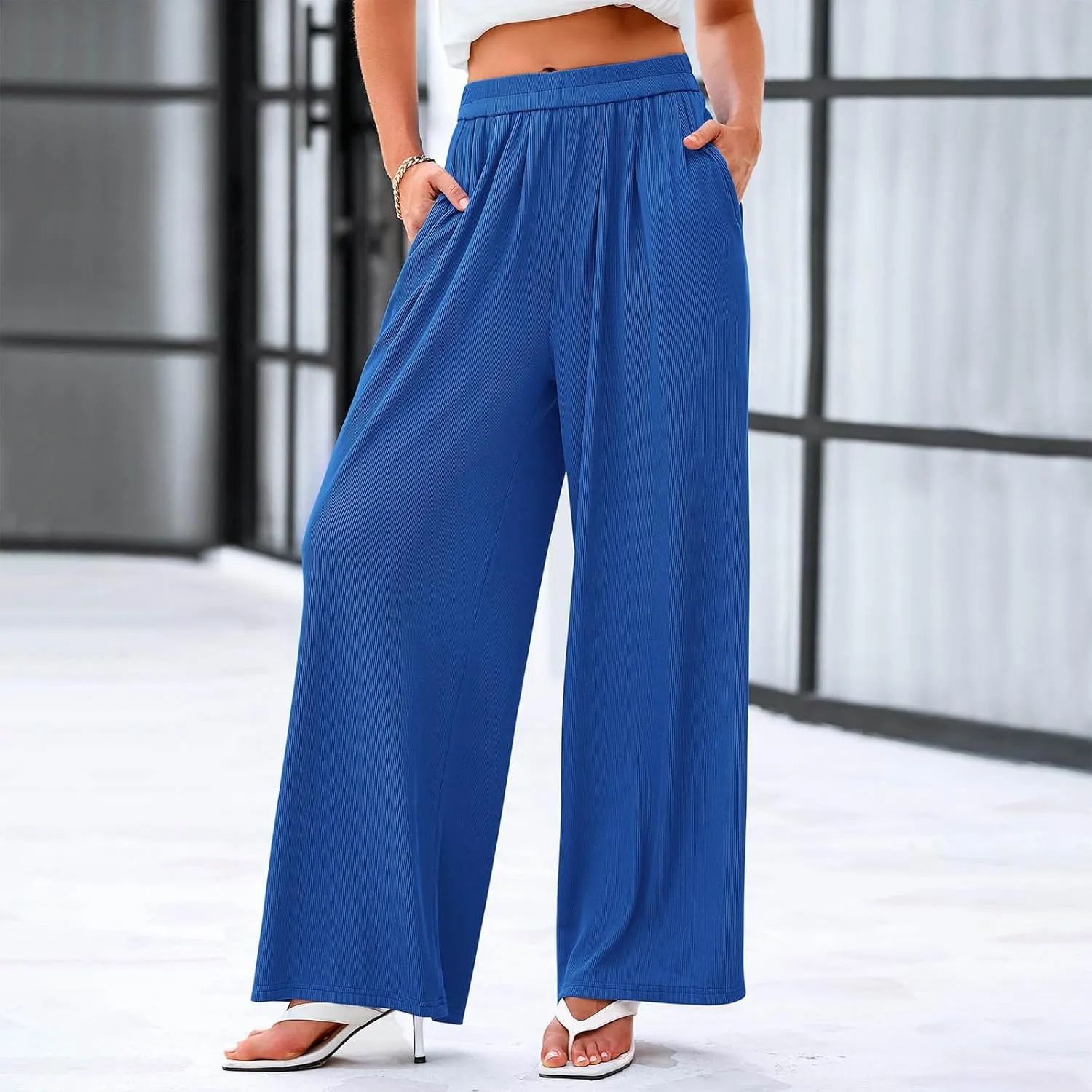 lcepcy High Waisted Wide Leg Pants for Women Pleated Elastic Waist Loose Palazzo Knit Trousers with Pockets Flowy Pants