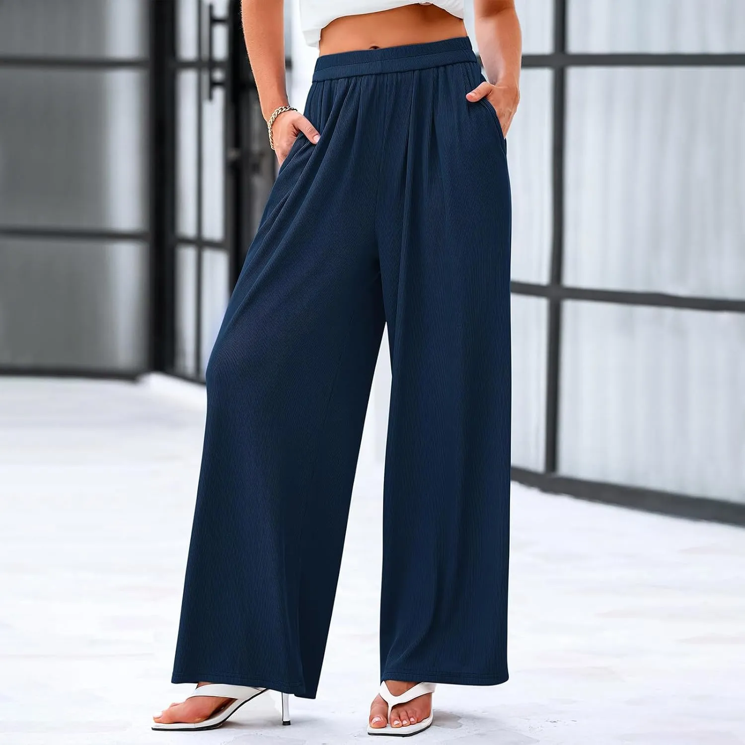 lcepcy High Waisted Wide Leg Pants for Women Pleated Elastic Waist Loose Palazzo Knit Trousers with Pockets Flowy Pants
