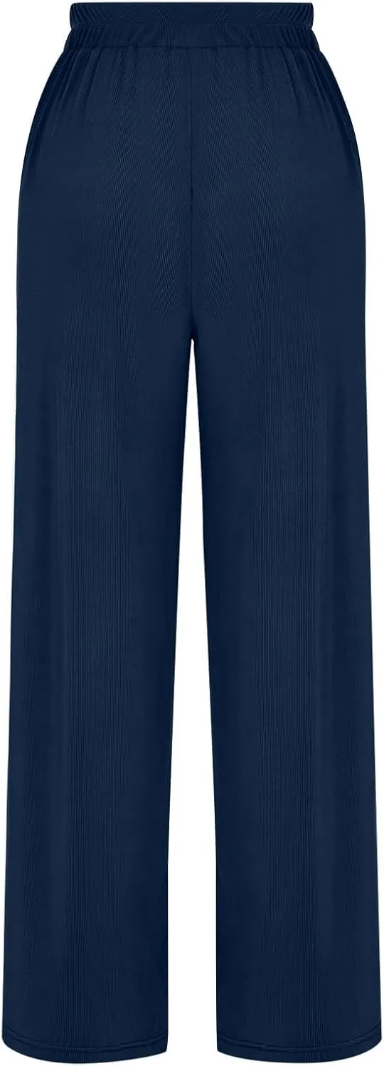 lcepcy High Waisted Wide Leg Pants for Women Pleated Elastic Waist Loose Palazzo Knit Trousers with Pockets Flowy Pants