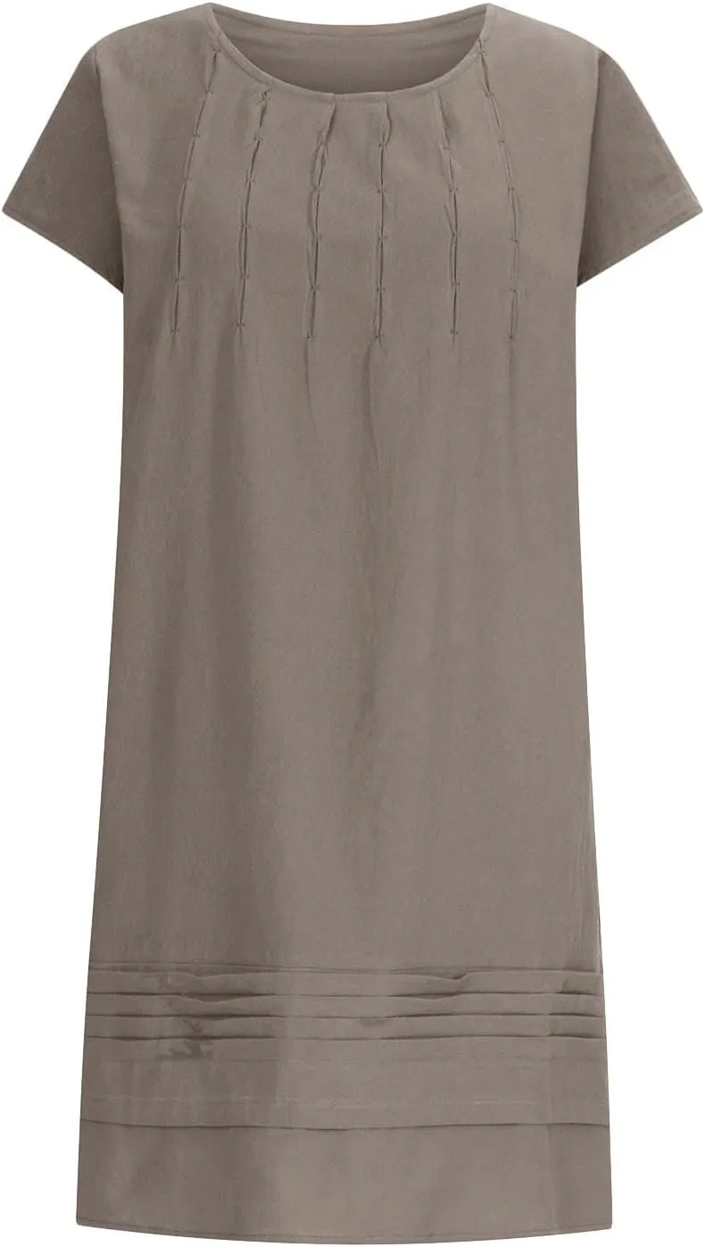 Linen Dress for Women Pleated Summer Dresses Round Neck Short Sleeve Sundress Beach Vacation Casual Mini Dress 2025