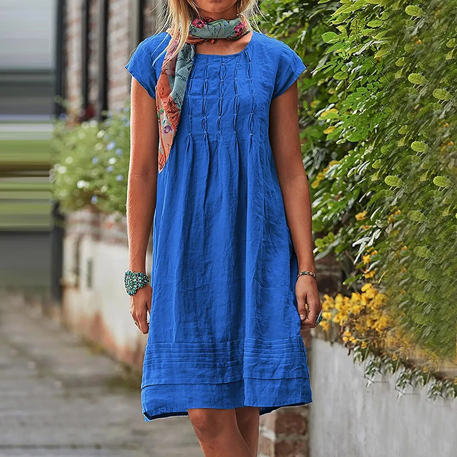 Linen Dress for Women Pleated Summer Dresses Round Neck Short Sleeve Sundress Beach Vacation Casual Mini Dress 2025