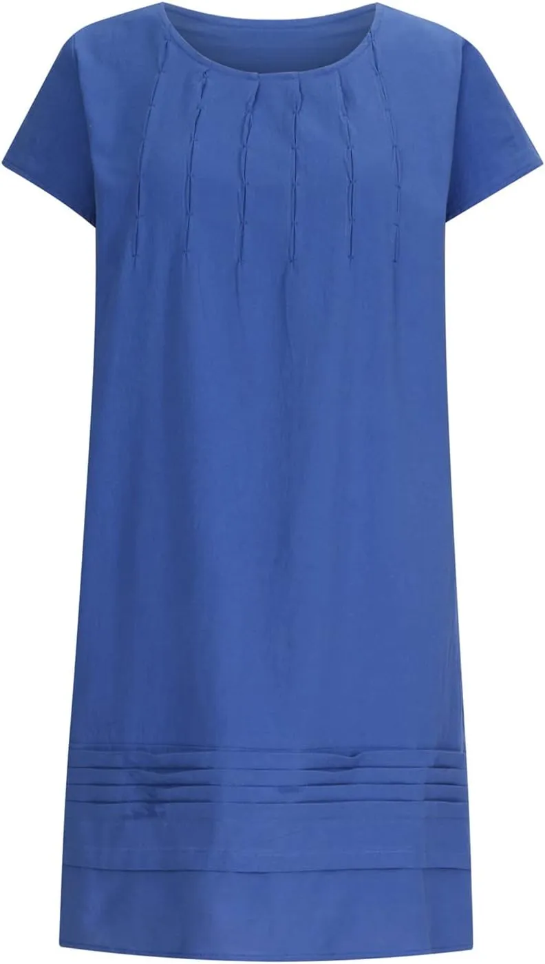 Linen Dress for Women Pleated Summer Dresses Round Neck Short Sleeve Sundress Beach Vacation Casual Mini Dress 2025