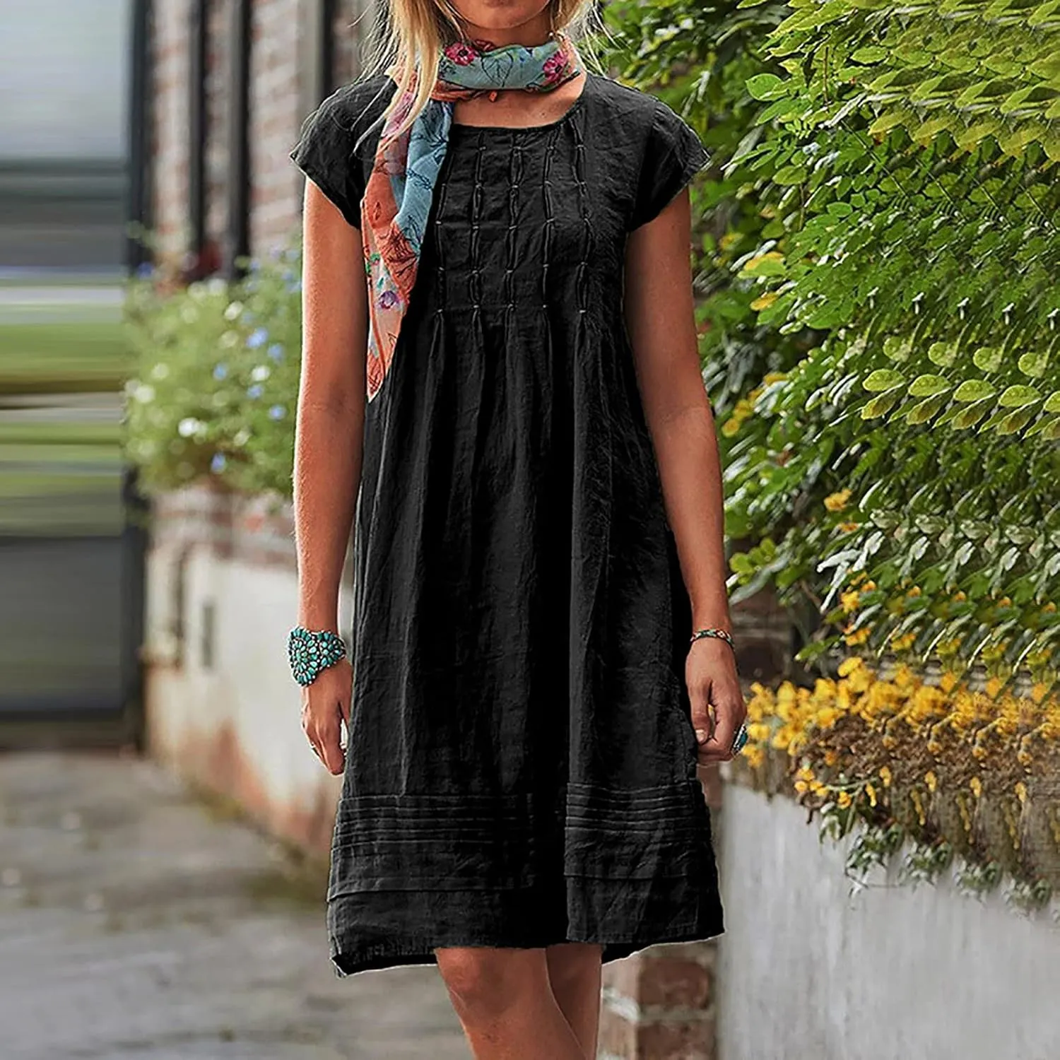 Linen Dress for Women Pleated Summer Dresses Round Neck Short Sleeve Sundress Beach Vacation Casual Mini Dress 2025