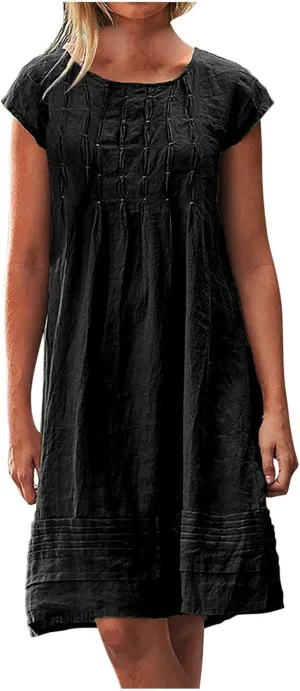 Linen Dress for Women Pleated Summer Dresses Round Neck Short Sleeve Sundress Beach Vacation Casual Mini Dress 2025