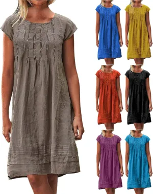 Linen Dress for Women Pleated Summer Dresses Round Neck Short Sleeve Sundress Beach Vacation Casual Mini Dress 2025