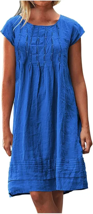 Linen Dress for Women Pleated Summer Dresses Round Neck Short Sleeve Sundress Beach Vacation Casual Mini Dress 2025