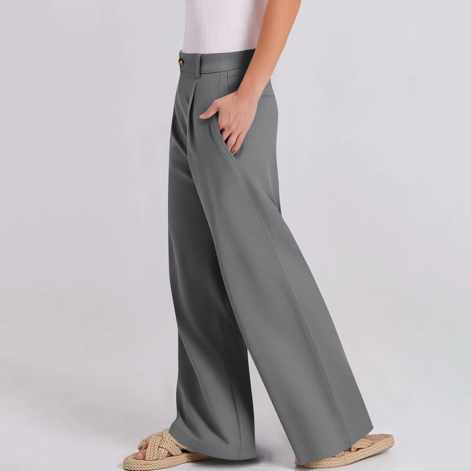 Linen Dress Pants Women Business Casual High Waited Wide Leg Pants with Pockets Slacks Office Work Palazzo Trousers