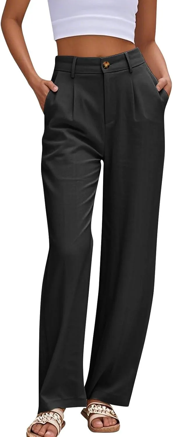 Linen Dress Pants Women Business Casual High Waited Wide Leg Pants with Pockets Slacks Office Work Palazzo Trousers