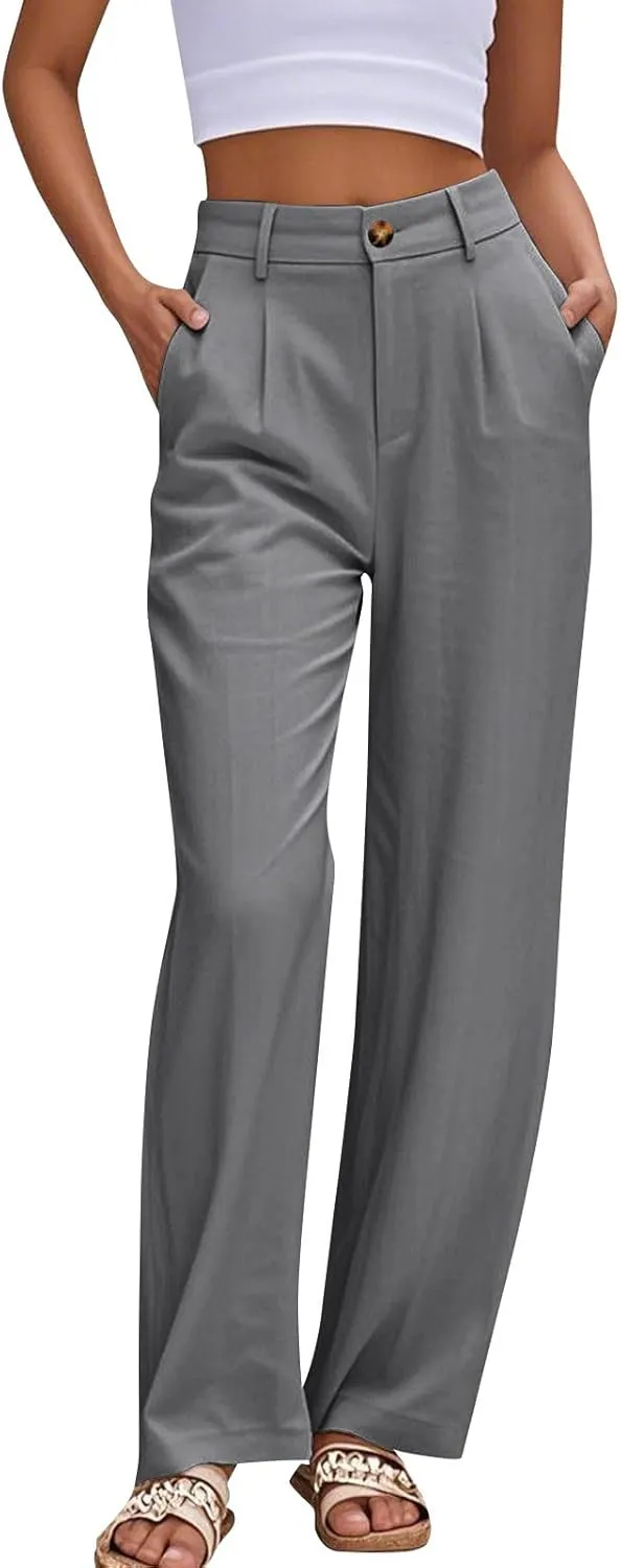 Linen Dress Pants Women Business Casual High Waited Wide Leg Pants with Pockets Slacks Office Work Palazzo Trousers