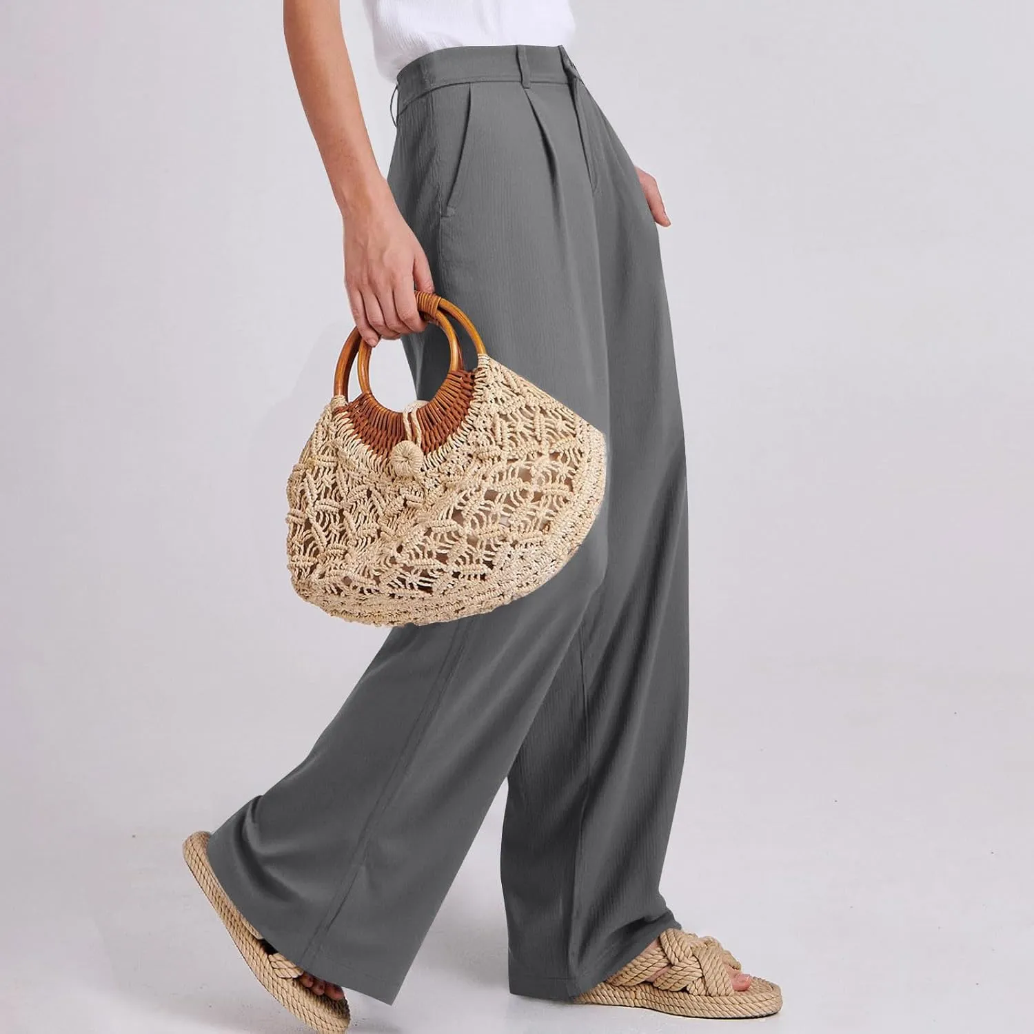 Linen Dress Pants Women Business Casual High Waited Wide Leg Pants with Pockets Slacks Office Work Palazzo Trousers