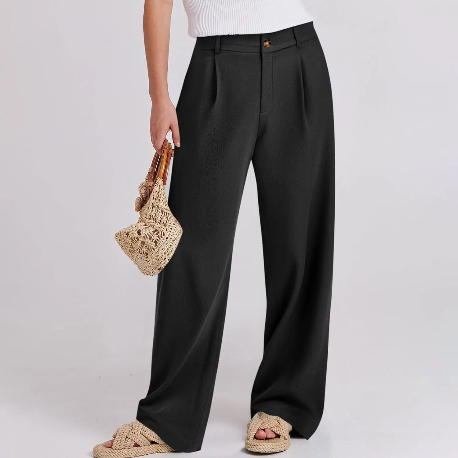 Linen Dress Pants Women Business Casual High Waited Wide Leg Pants with Pockets Slacks Office Work Palazzo Trousers