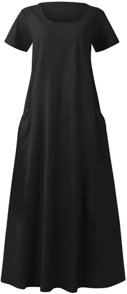 Linen Dresses for Women Short Sleeve Crewneck Loose Midi Dresses Lightweight Casual Flowy Summer Dress with Pockets