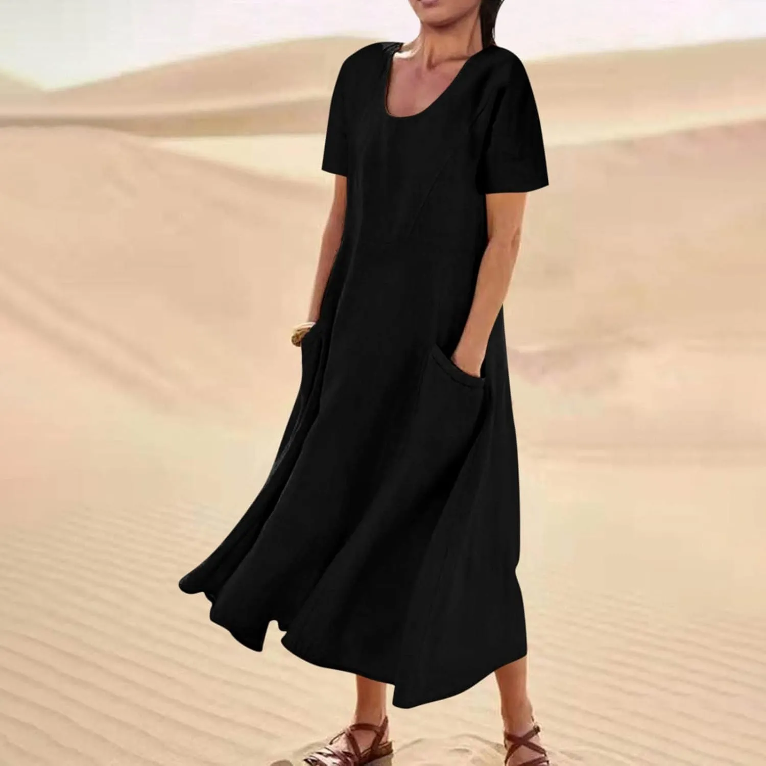 Linen Dresses for Women Short Sleeve Crewneck Loose Midi Dresses Lightweight Casual Flowy Summer Dress with Pockets