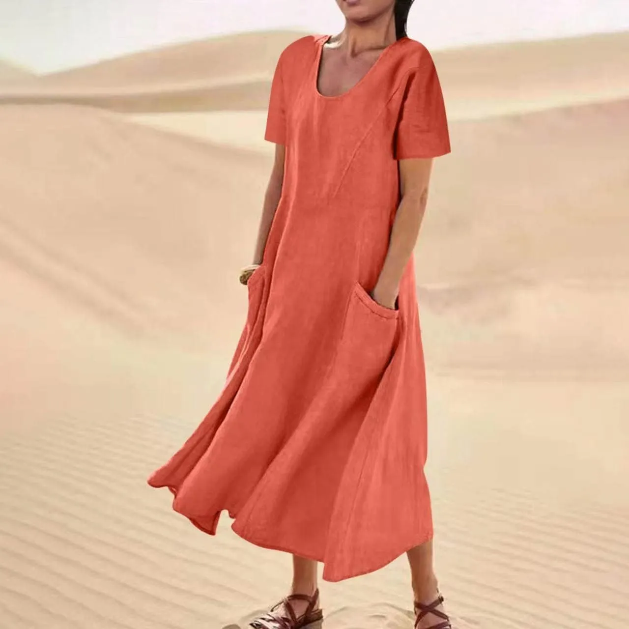 Linen Dresses for Women Short Sleeve Crewneck Loose Midi Dresses Lightweight Casual Flowy Summer Dress with Pockets