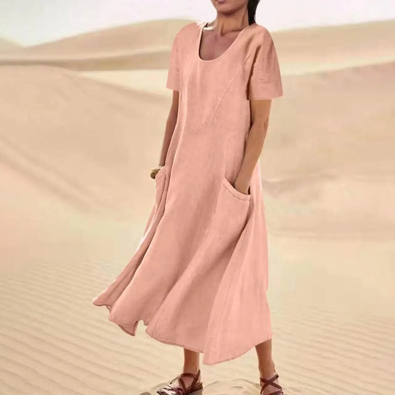Linen Dresses for Women Short Sleeve Crewneck Loose Midi Dresses Lightweight Casual Flowy Summer Dress with Pockets