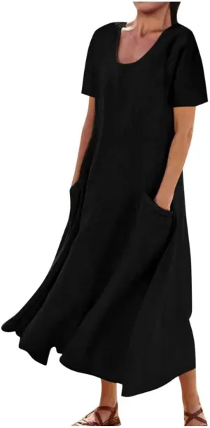 Linen Dresses for Women Short Sleeve Crewneck Loose Midi Dresses Lightweight Casual Flowy Summer Dress with Pockets