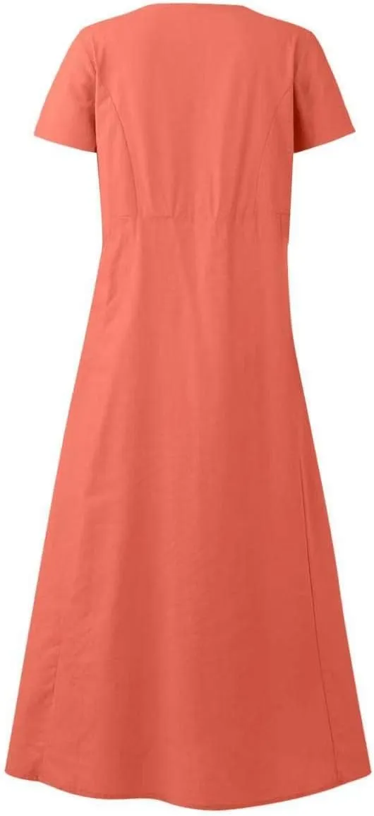 Linen Dresses for Women Short Sleeve Crewneck Loose Midi Dresses Lightweight Casual Flowy Summer Dress with Pockets