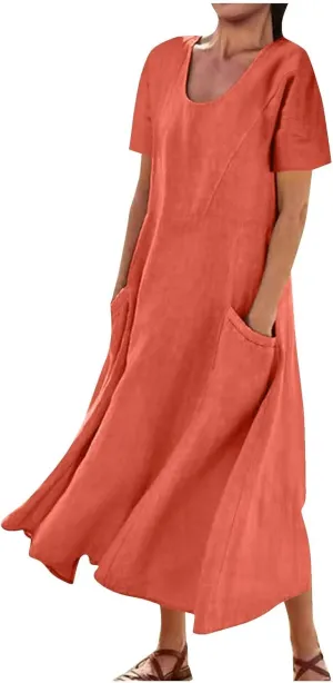 Linen Dresses for Women Short Sleeve Crewneck Loose Midi Dresses Lightweight Casual Flowy Summer Dress with Pockets