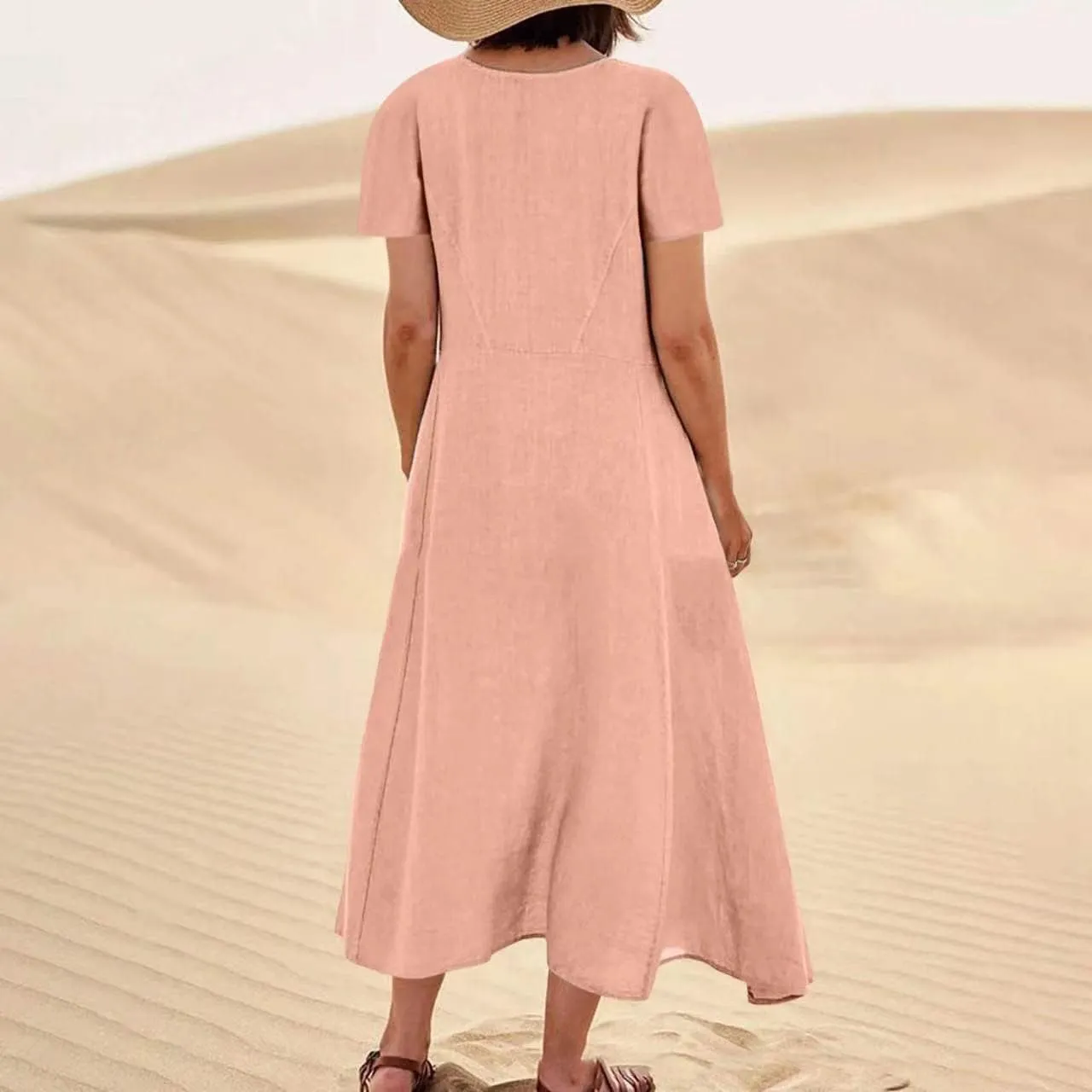 Linen Dresses for Women Short Sleeve Crewneck Loose Midi Dresses Lightweight Casual Flowy Summer Dress with Pockets