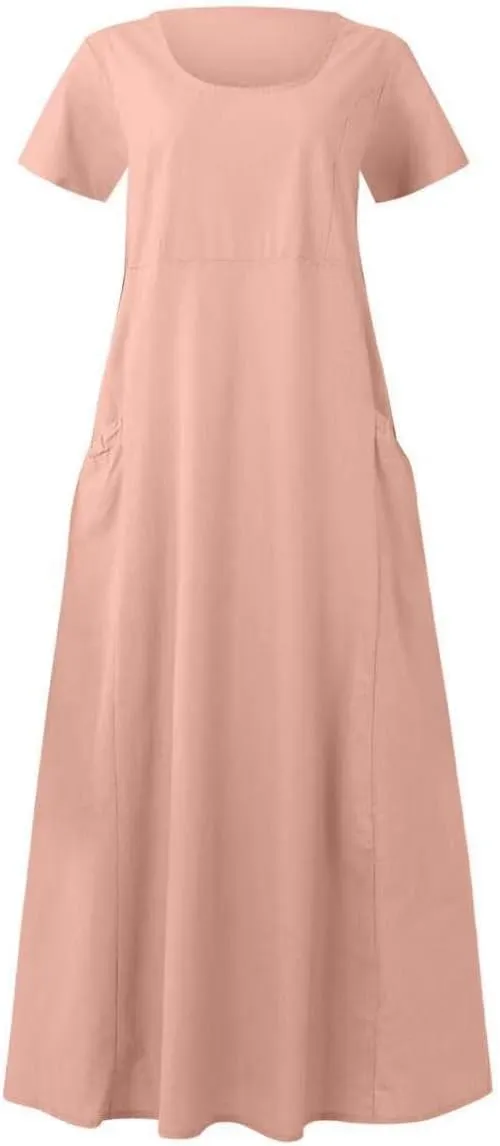 Linen Dresses for Women Short Sleeve Crewneck Loose Midi Dresses Lightweight Casual Flowy Summer Dress with Pockets