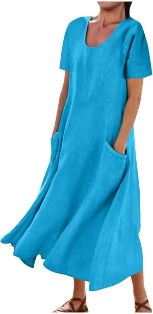 Linen Dresses for Women Short Sleeve Crewneck Loose Midi Dresses Lightweight Casual Flowy Summer Dress with Pockets
