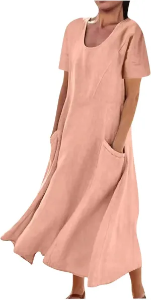 Linen Dresses for Women Short Sleeve Crewneck Loose Midi Dresses Lightweight Casual Flowy Summer Dress with Pockets