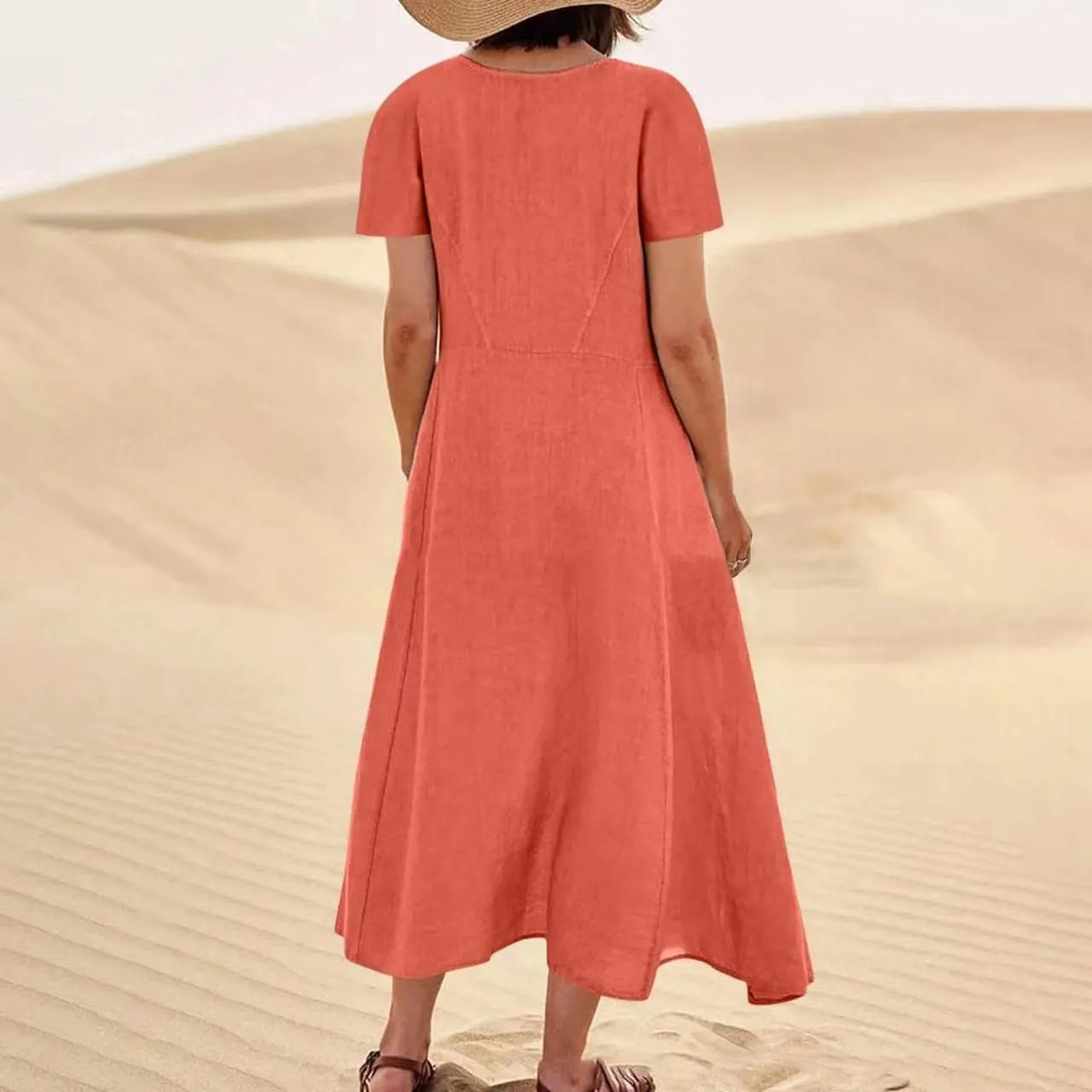 Linen Dresses for Women Short Sleeve Crewneck Loose Midi Dresses Lightweight Casual Flowy Summer Dress with Pockets