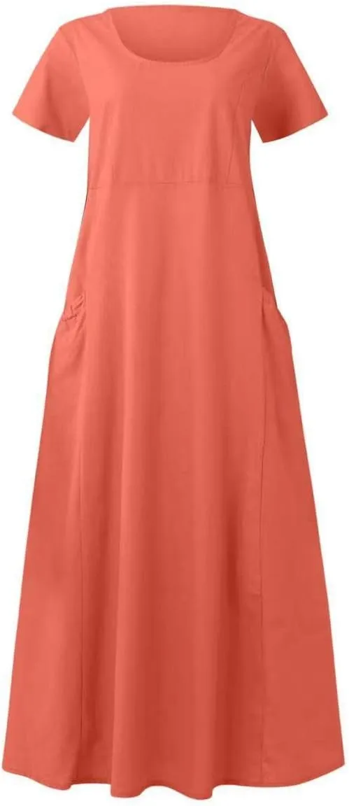 Linen Dresses for Women Short Sleeve Crewneck Loose Midi Dresses Lightweight Casual Flowy Summer Dress with Pockets