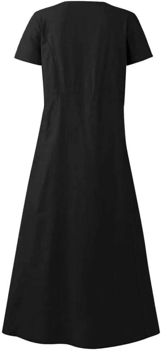 Linen Dresses for Women Short Sleeve Crewneck Loose Midi Dresses Lightweight Casual Flowy Summer Dress with Pockets