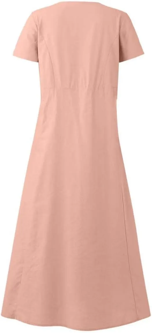 Linen Dresses for Women Short Sleeve Crewneck Loose Midi Dresses Lightweight Casual Flowy Summer Dress with Pockets