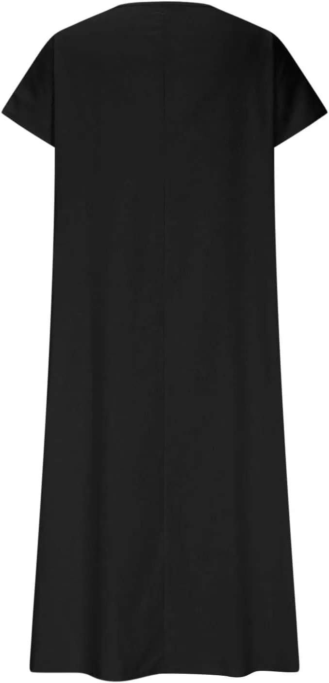 Linen Dresses for Women Short Sleeve V-Neck Beach Sundresses Lightweight Flowy Loose Summer Midi Dress