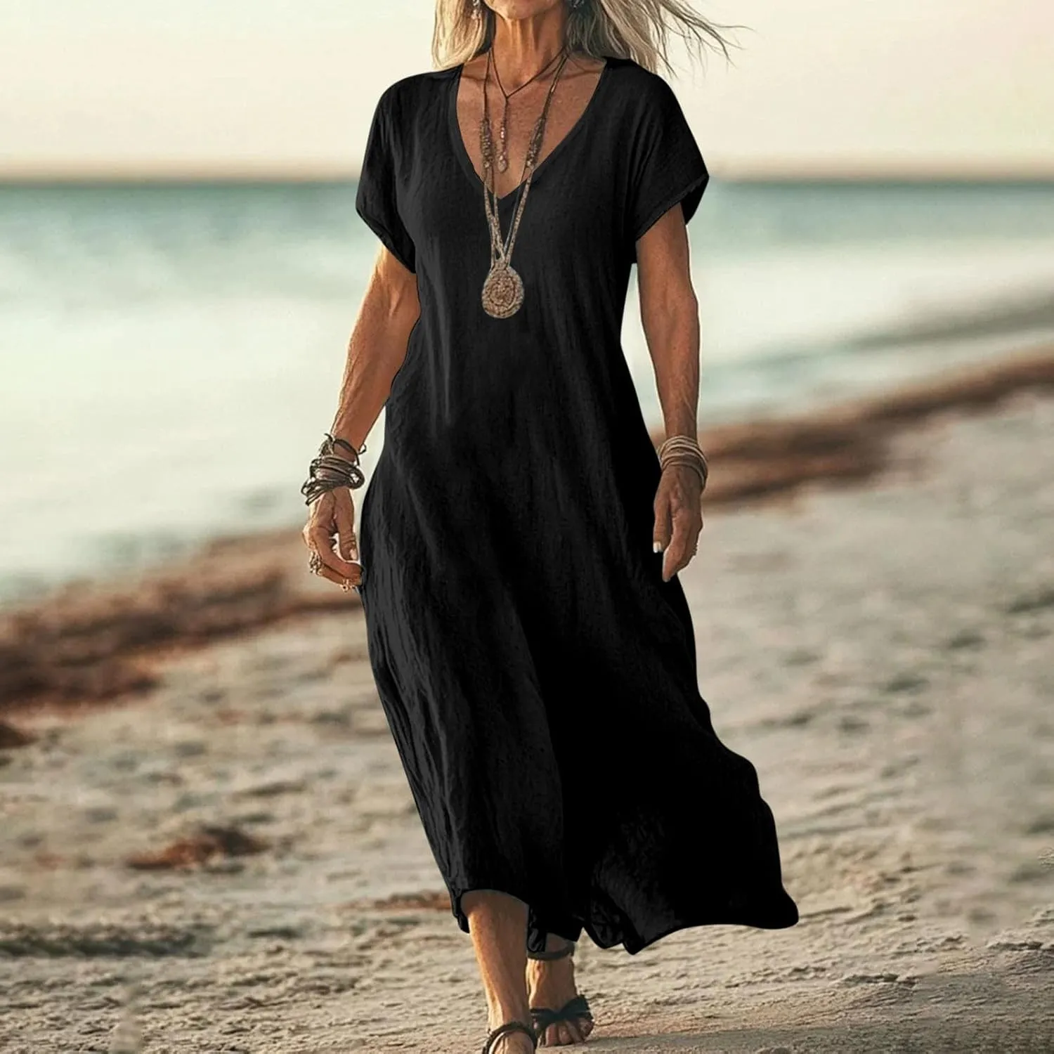Linen Dresses for Women Short Sleeve V-Neck Beach Sundresses Lightweight Flowy Loose Summer Midi Dress