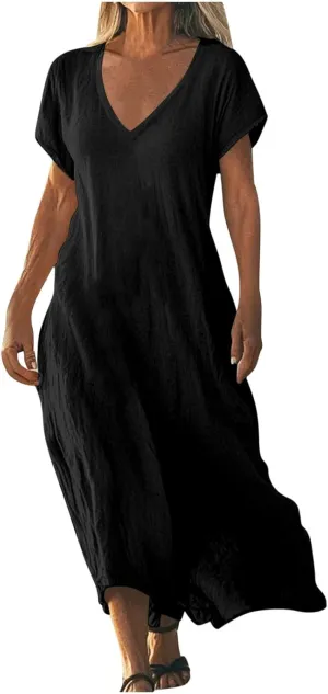 Linen Dresses for Women Short Sleeve V-Neck Beach Sundresses Lightweight Flowy Loose Summer Midi Dress