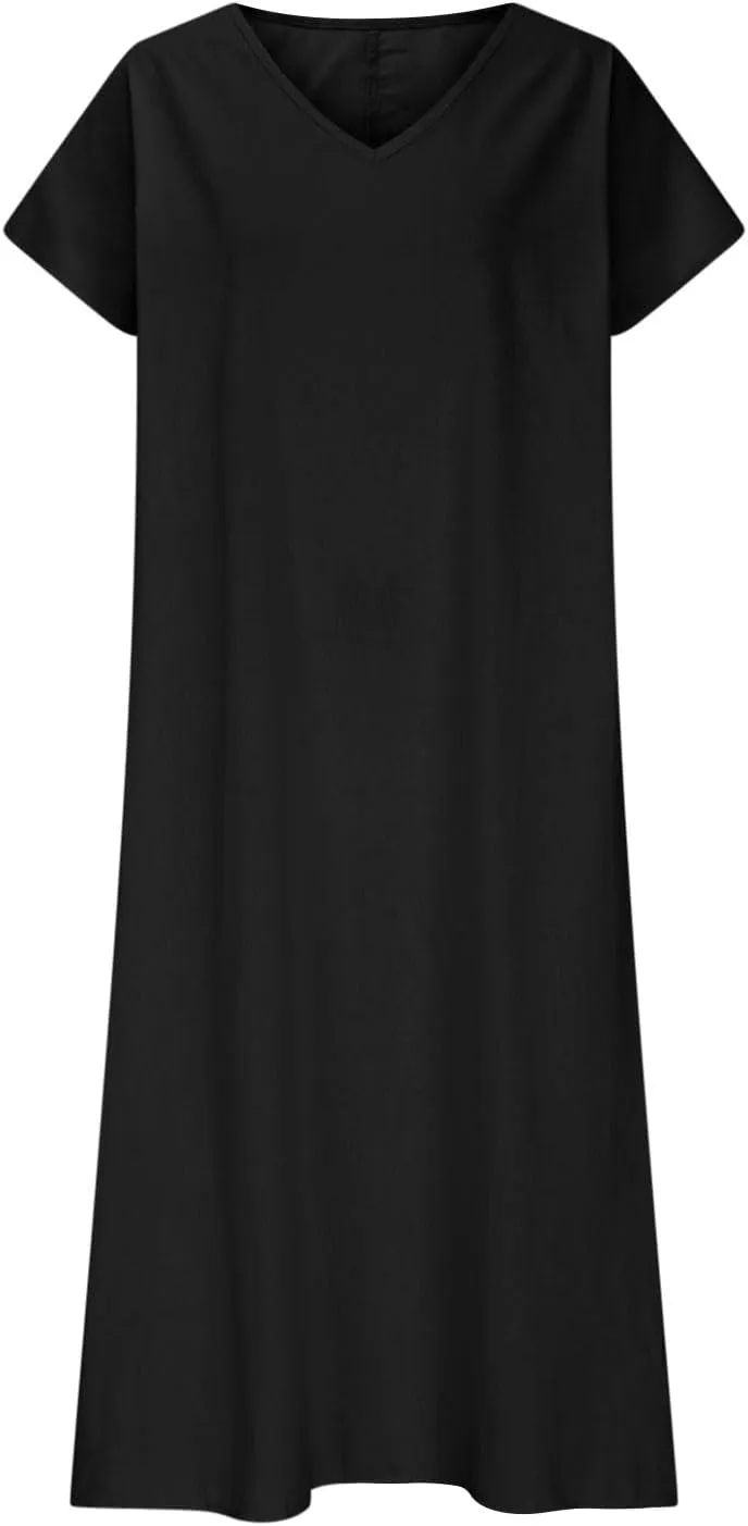 Linen Dresses for Women Short Sleeve V-Neck Beach Sundresses Lightweight Flowy Loose Summer Midi Dress
