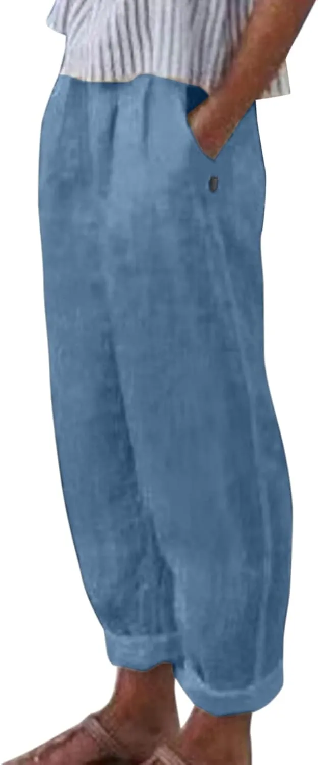 Linen Pants for Women 2025 High Waisted Wide Leg Lounge Beach Pant Summer Trendy Elastic Waist Pull On Gauze Trousers
