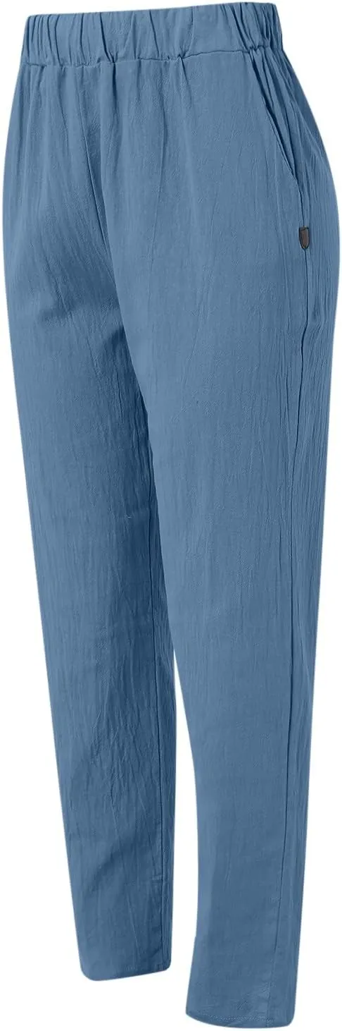 Linen Pants for Women 2025 High Waisted Wide Leg Lounge Beach Pant Summer Trendy Elastic Waist Pull On Gauze Trousers