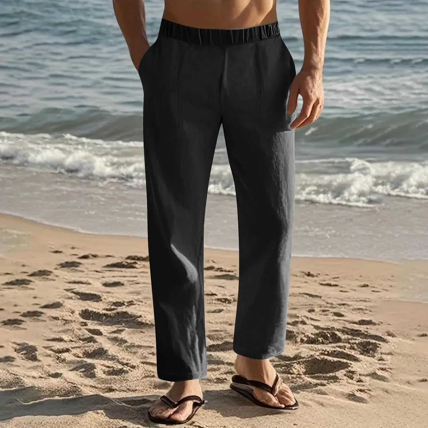 Linen Pants Men Casual Drawstring Loose Fit Beach Summer Pants with Pockets Lightweight Comfy Yoga Trousers