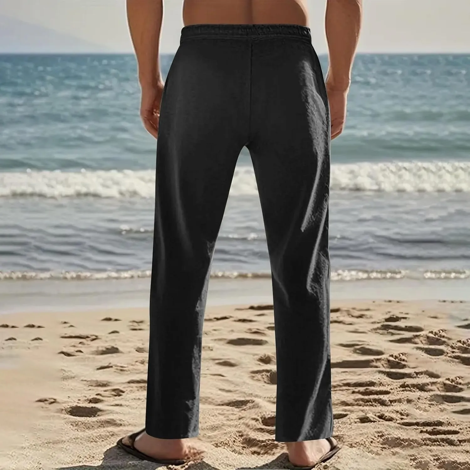 Linen Pants Men Casual Drawstring Loose Fit Beach Summer Pants with Pockets Lightweight Comfy Yoga Trousers