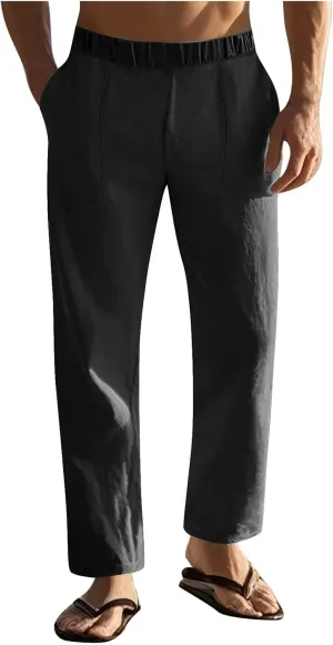 Linen Pants Men Casual Drawstring Loose Fit Beach Summer Pants with Pockets Lightweight Comfy Yoga Trousers