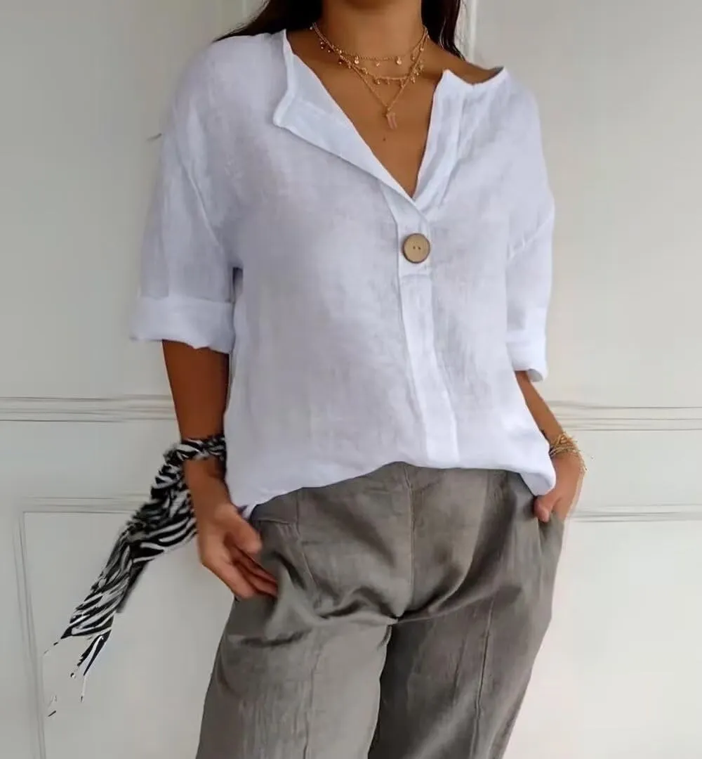 Linen Shirts for Women Plus Size Summer Tops Casual Lightweight V Neck Tees for Work 2025 Button Tunic Blouses