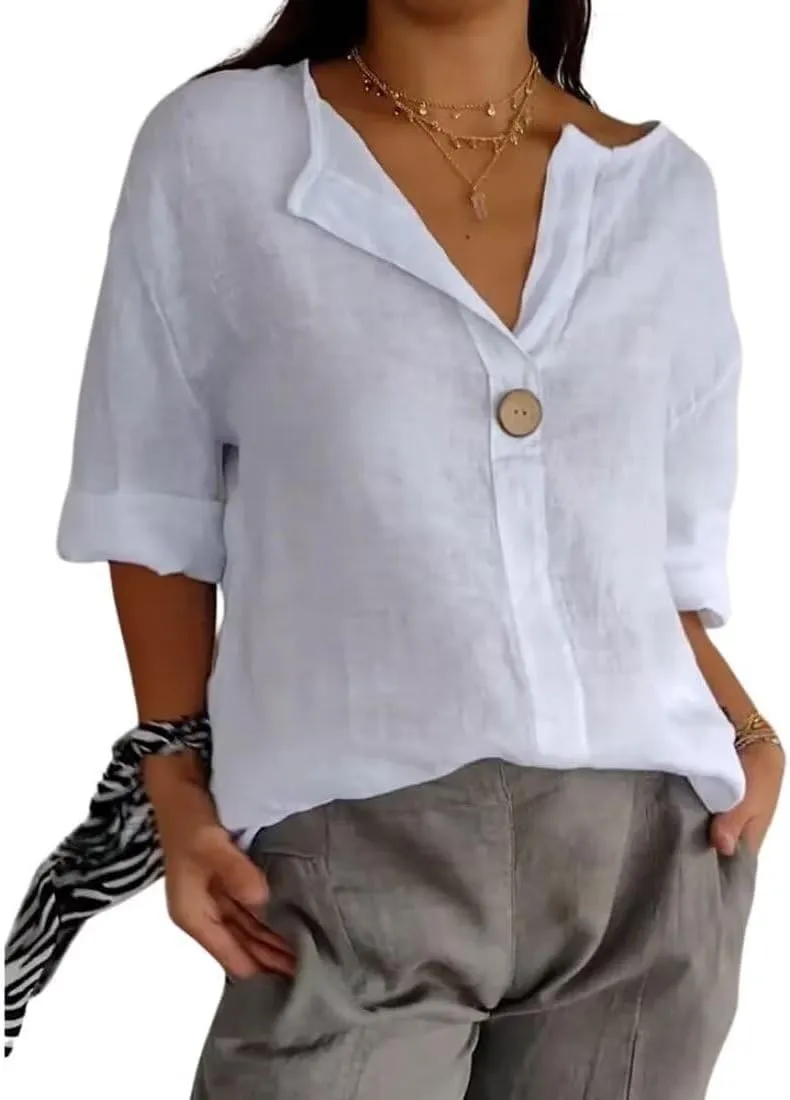 Linen Shirts for Women Plus Size Summer Tops Casual Lightweight V Neck Tees for Work 2025 Button Tunic Blouses