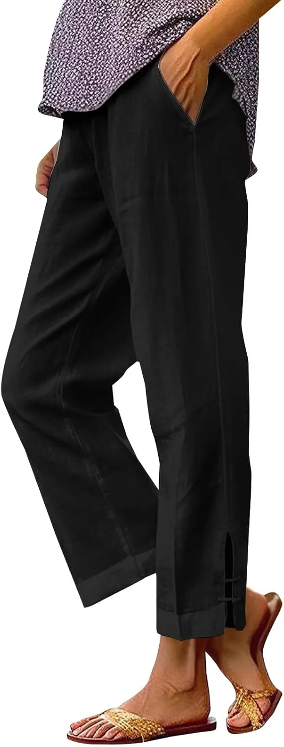 Linen Wide Leg Checkered Trousers Pants Flowy Wide Leg Beach Pants with Pockets Black Linen Black Flowy