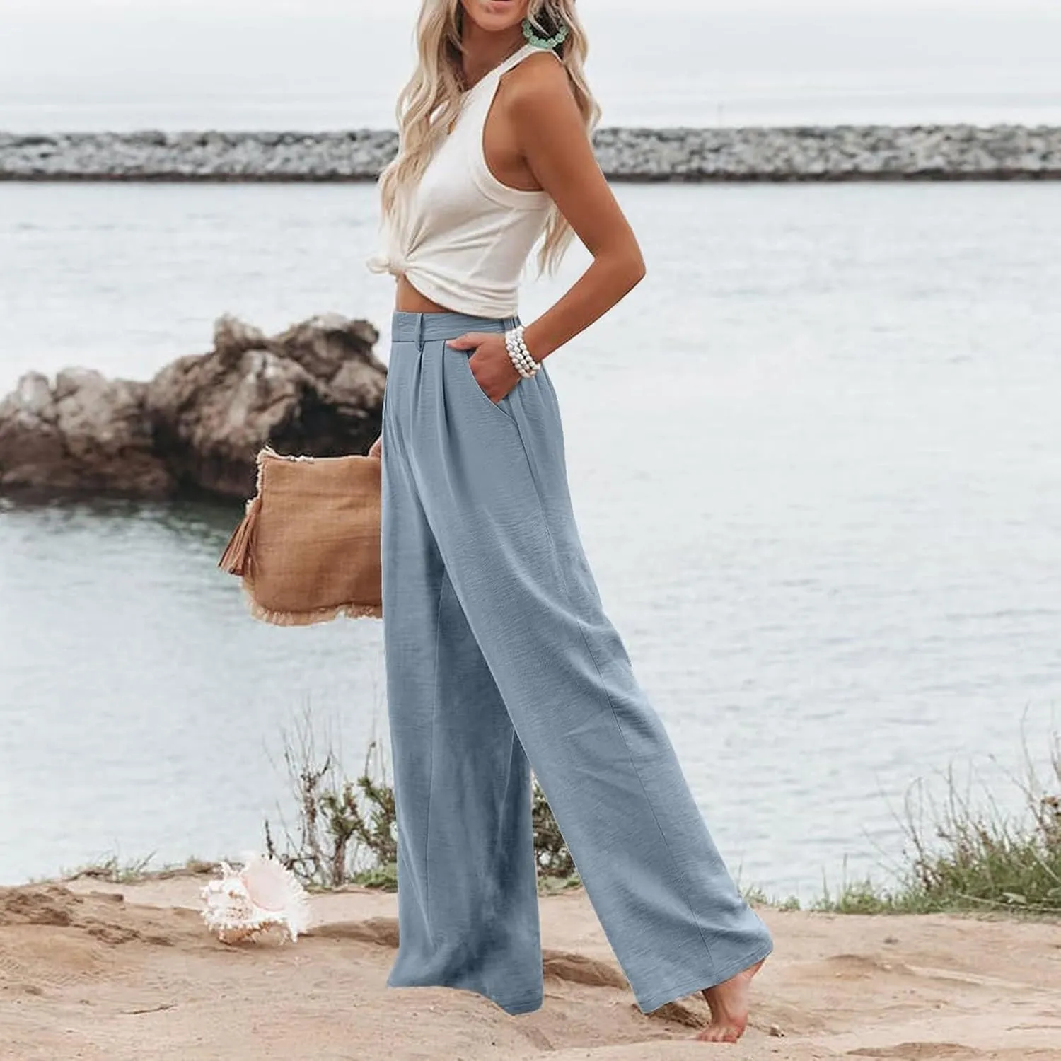 Linen Wide Leg Pants for Women high Waisted Business Casual Dress Pants Summer Palazzo Dressy Pants with Pockets