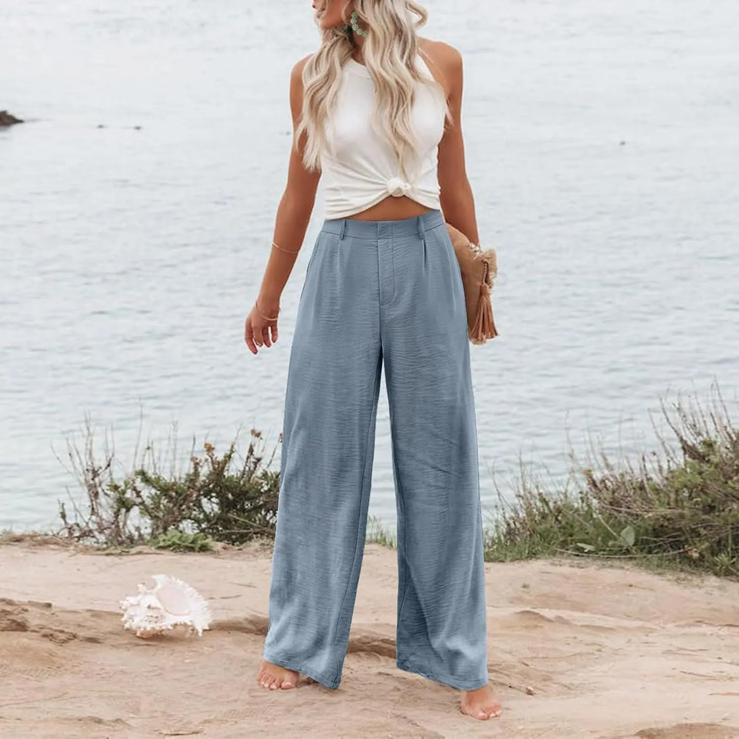 Linen Wide Leg Pants for Women high Waisted Business Casual Dress Pants Summer Palazzo Dressy Pants with Pockets